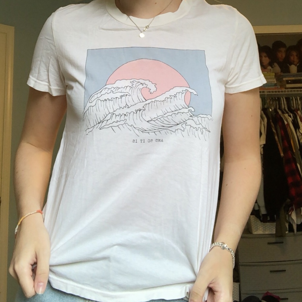 White Graphic Waves Vintagey Tee